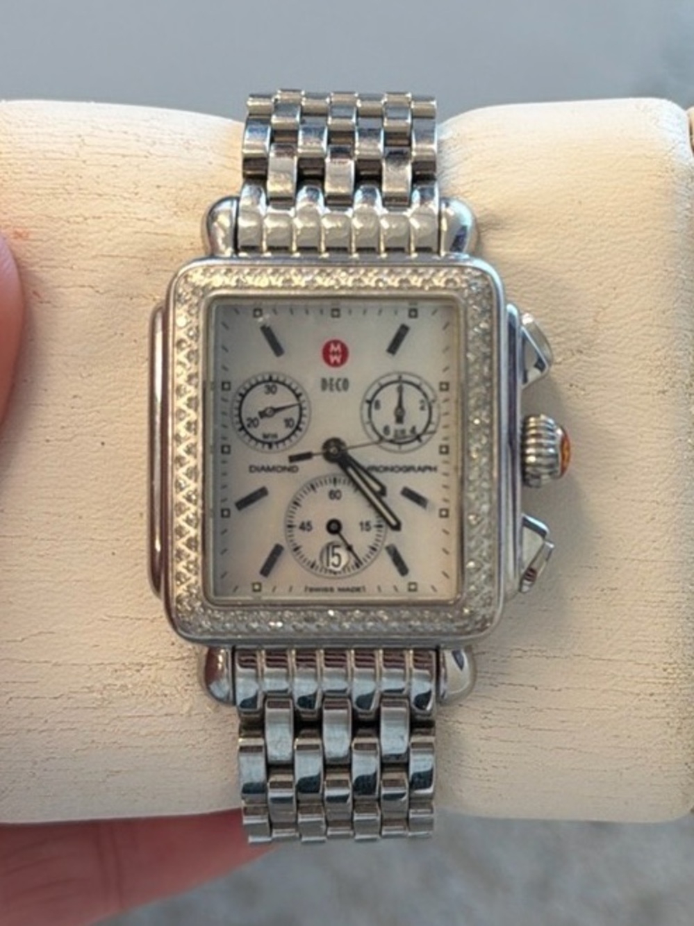 Michele Deco Diamond Bezel Stainless Steel Chronograph Watch, 2 bands